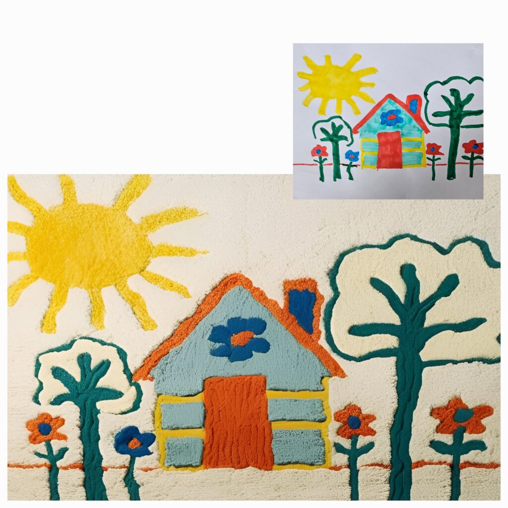 child's painting of a house with a garden and trees turned into a hand-tufted rug