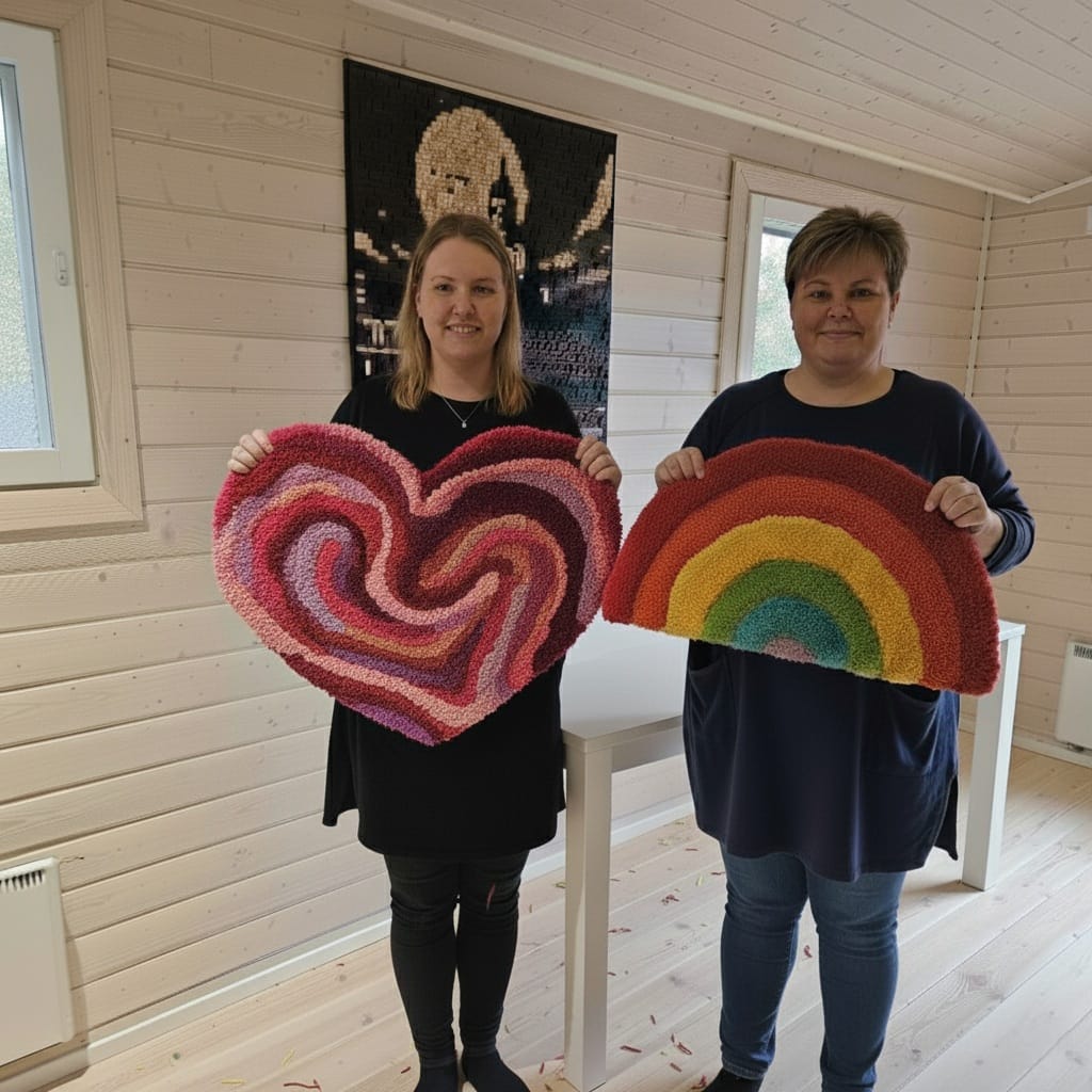 two women with their hand-tufted rugs made in one of our workshops