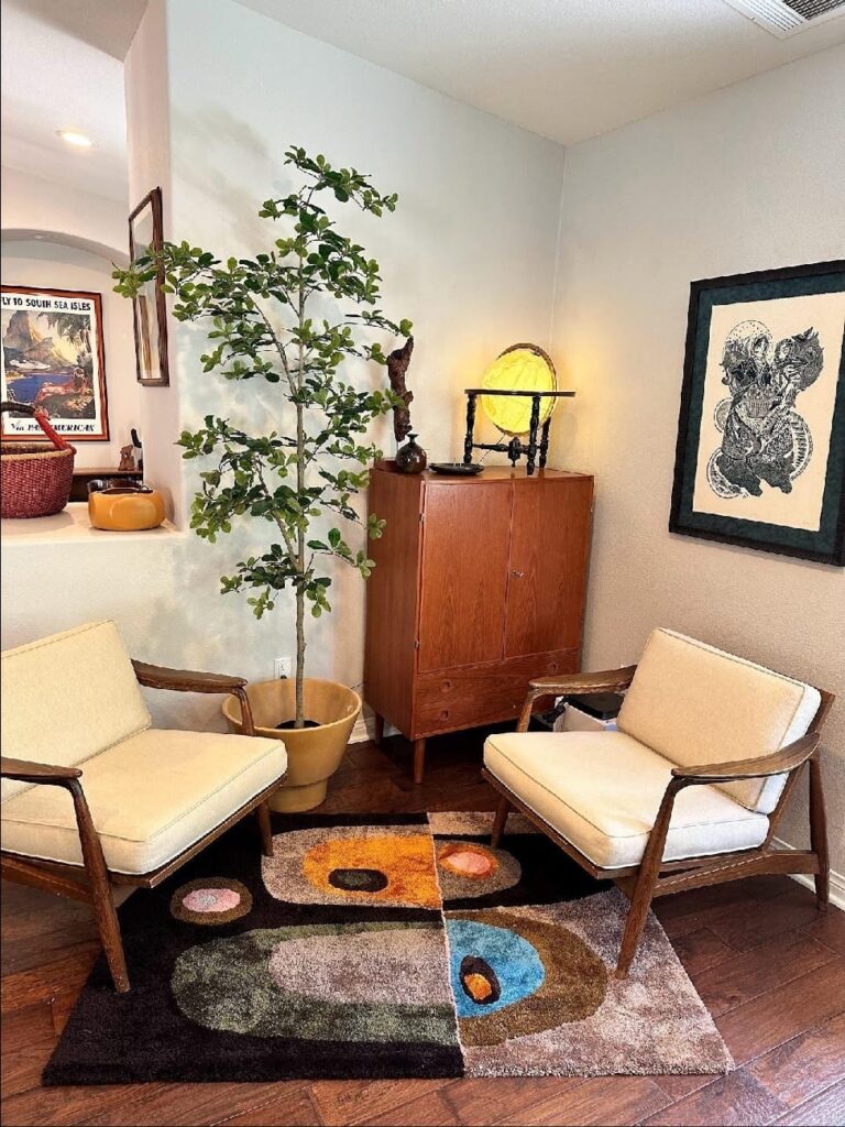 rug in a modern living room setting, commissioned by a customer in San Diego