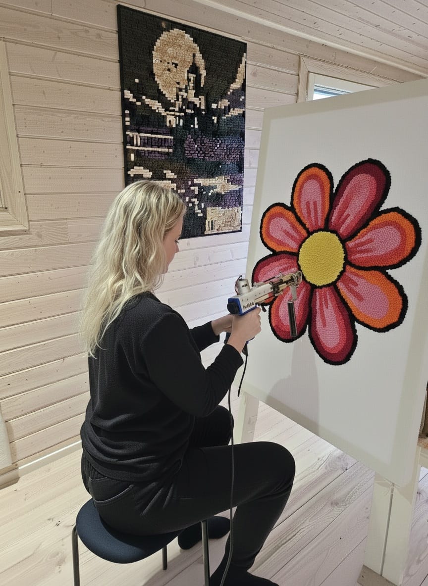 a woman making a handmade rug with a tufting gun