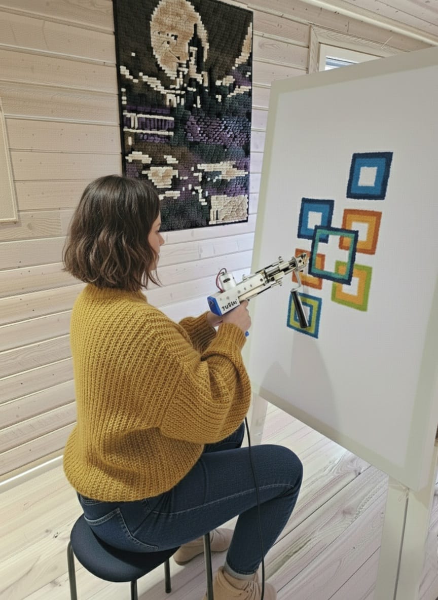 woman tufting a rug with a tufting gun in our rug making workshop
