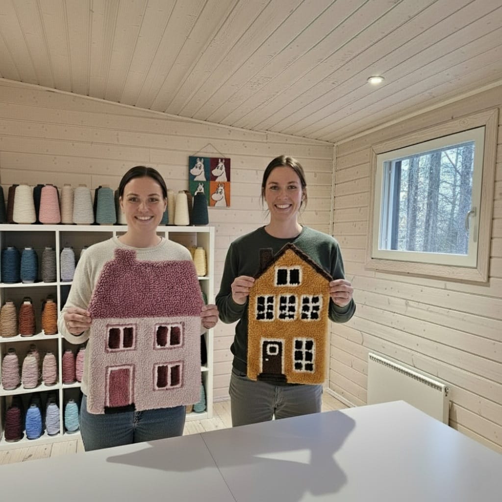 two women holding up a handmade rug they tufted in our workshop