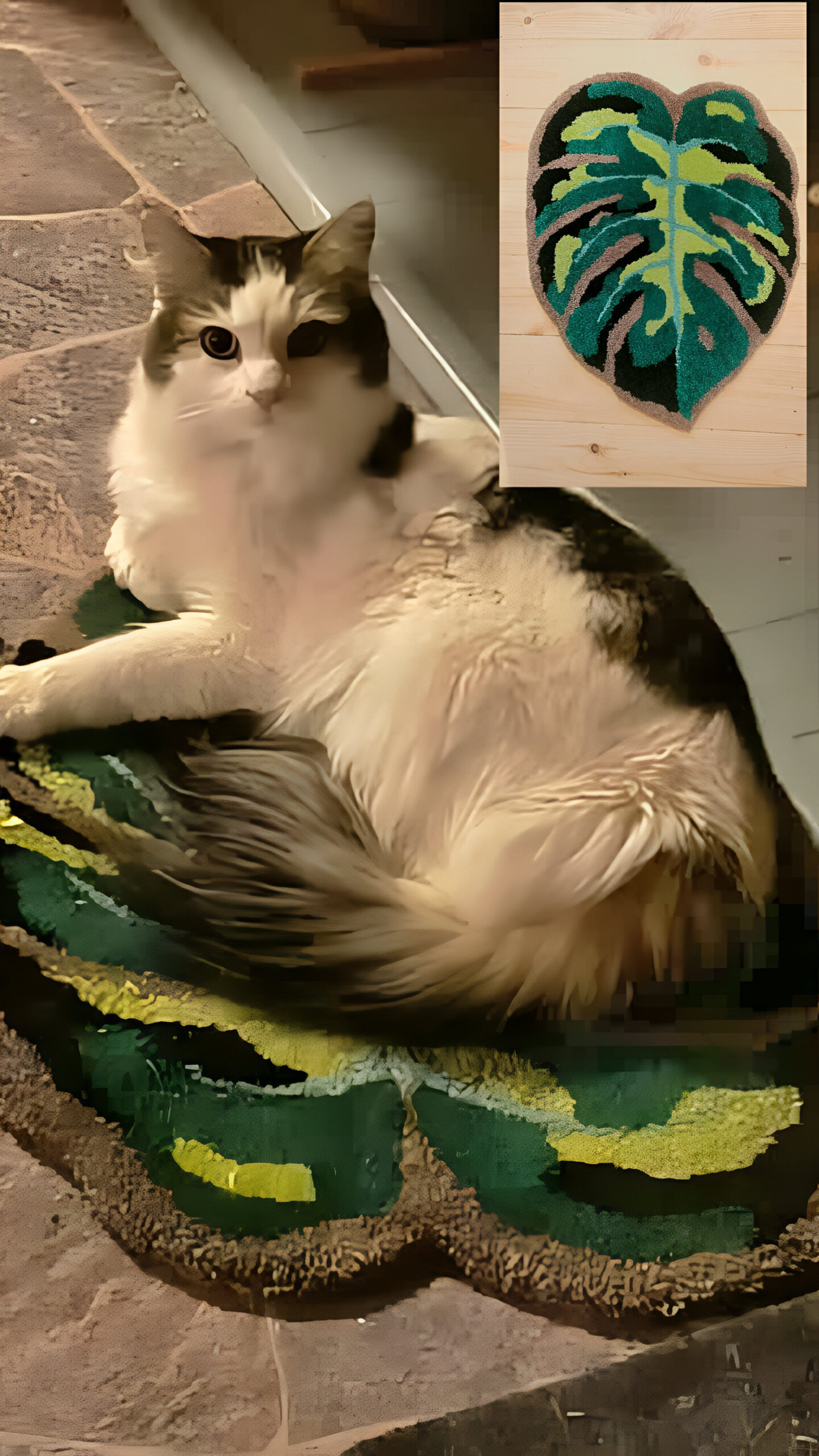 cat on leaf shaped rug a participant in our workshop made