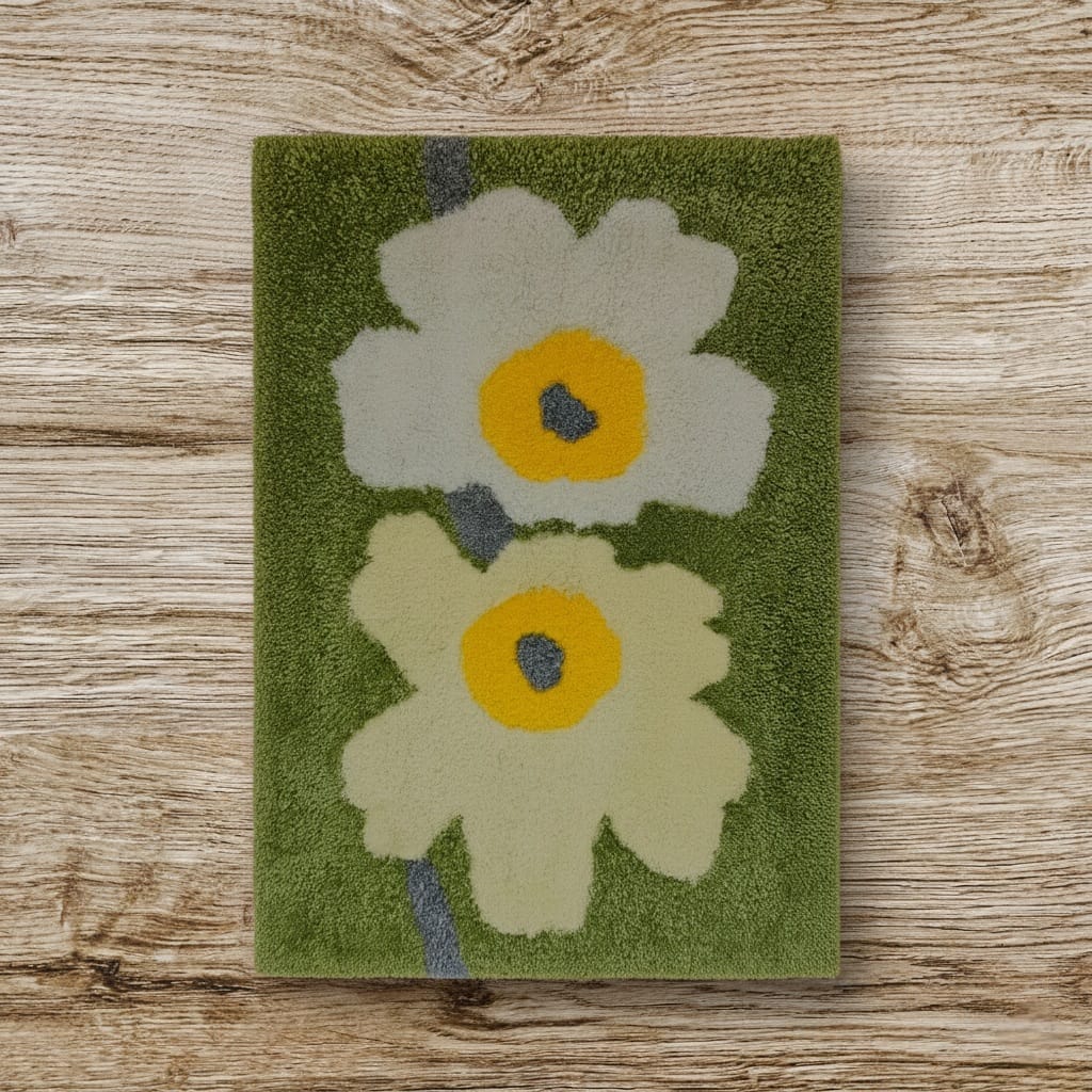 rug with two white flowers, made by a workshop participant